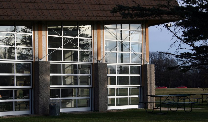 a building with fiberglass doors